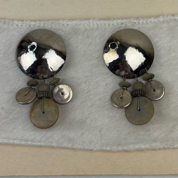 Vintage Silver Statement Earrings Dangle Mixed Media Tribal Island Wood Resin - Picture 1 of 16